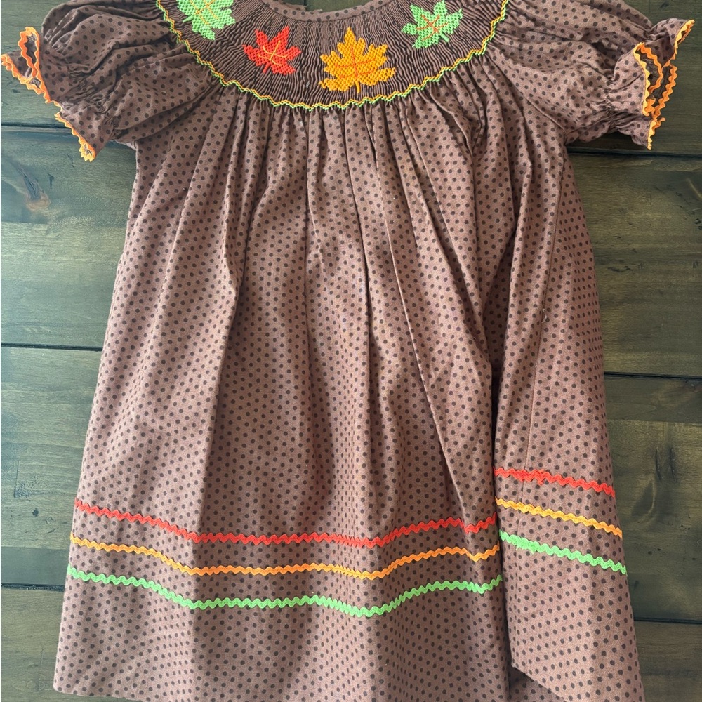 Kids Smocked Autumn Leaf Dress - Brown